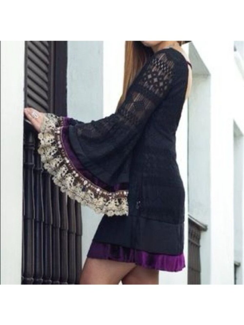 RARE Free People Black Lace Velvet Bell Sleeve Mini Dress Tunic| Whimsigoth Boho - Picture 9 of 16